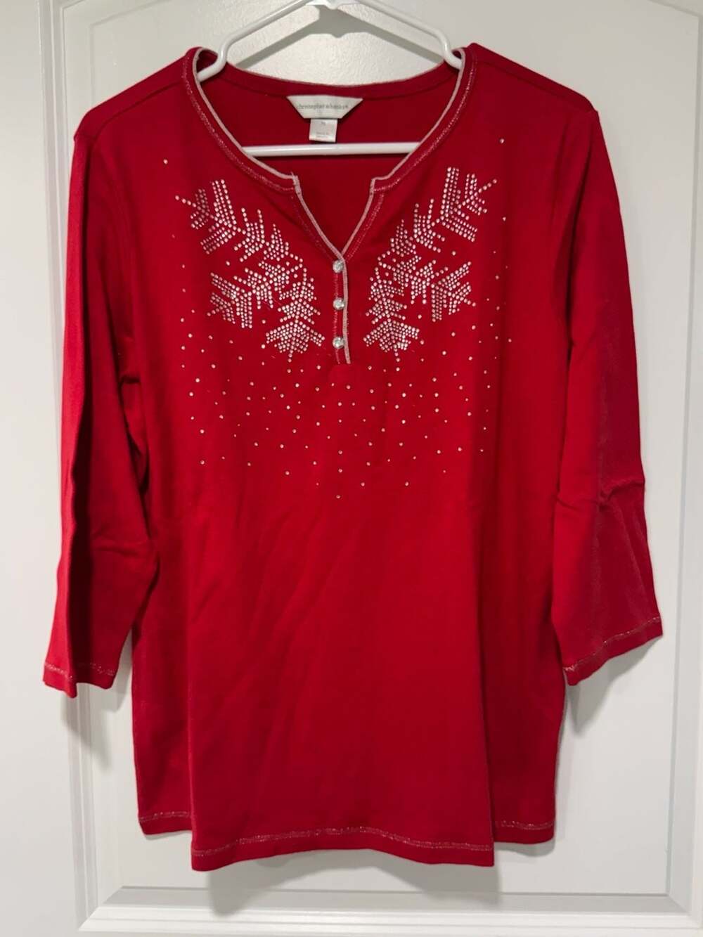Holiday Rhinestone Snowflake Red Sparkle Christmas Top 3/4 Sleeve XL